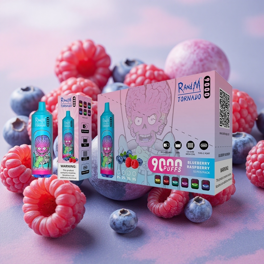 RandM Fumot Tornado 9000 Puffs Rechargeable RGB Display Blueberry Raspberry
